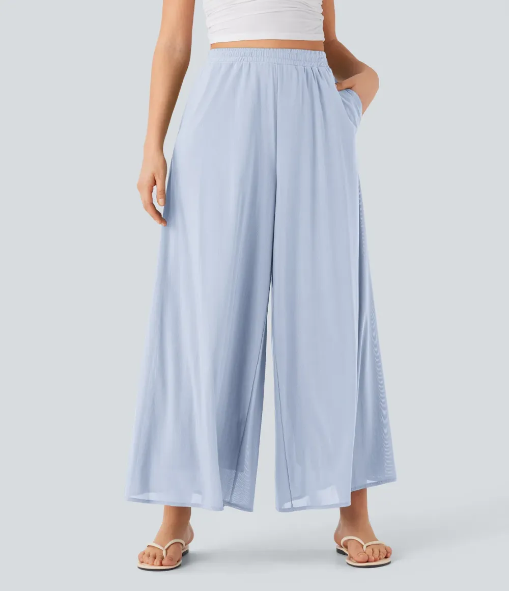 High Waisted Pocket Mesh Overlay Wide Leg Casual Pants