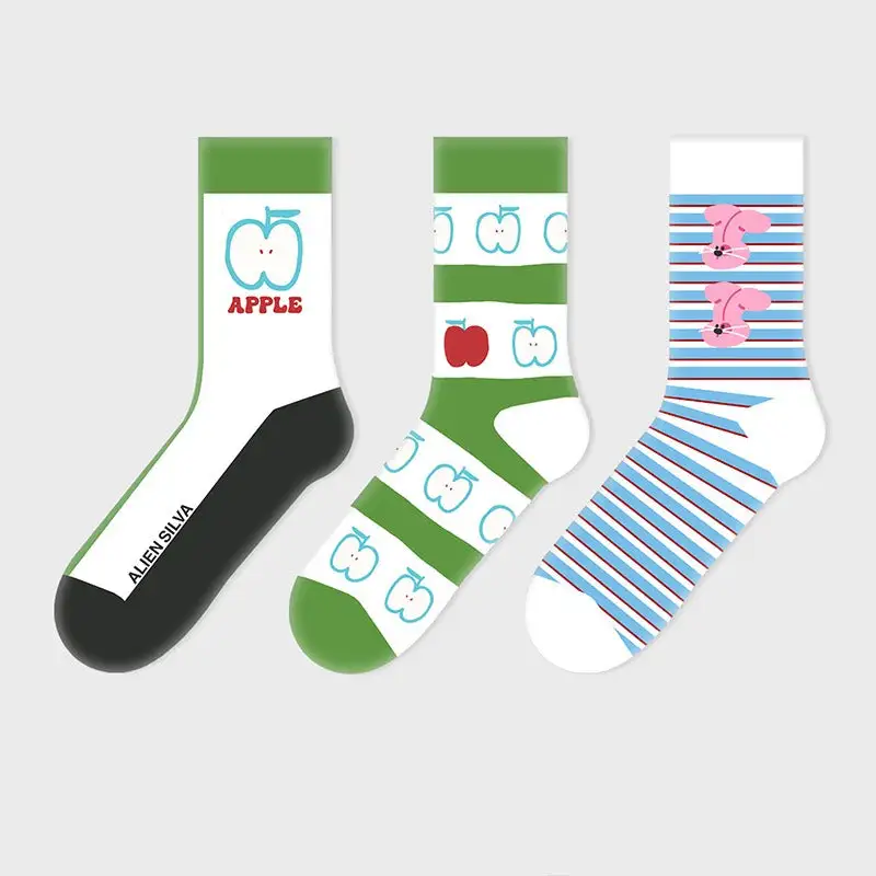 Playful Apple Bunny Pattern Crew Socks