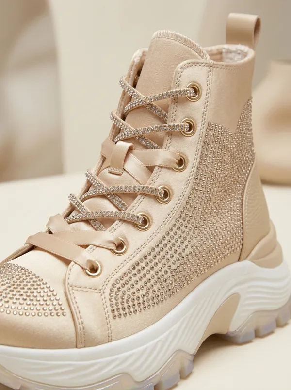 Streamlined Lace-Detail Women's Rhinestone Platform Shoes