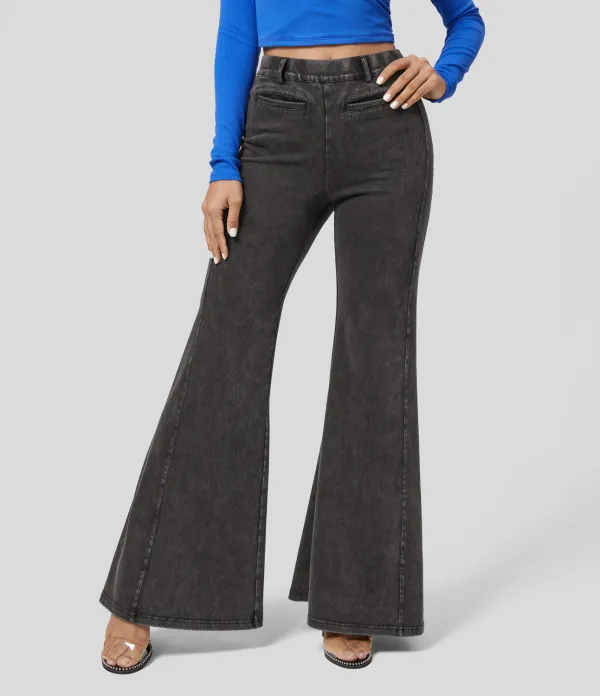 Magic High Waisted Multiple Pockets Washed Stretchy Knit Casual Super Flare Jeans