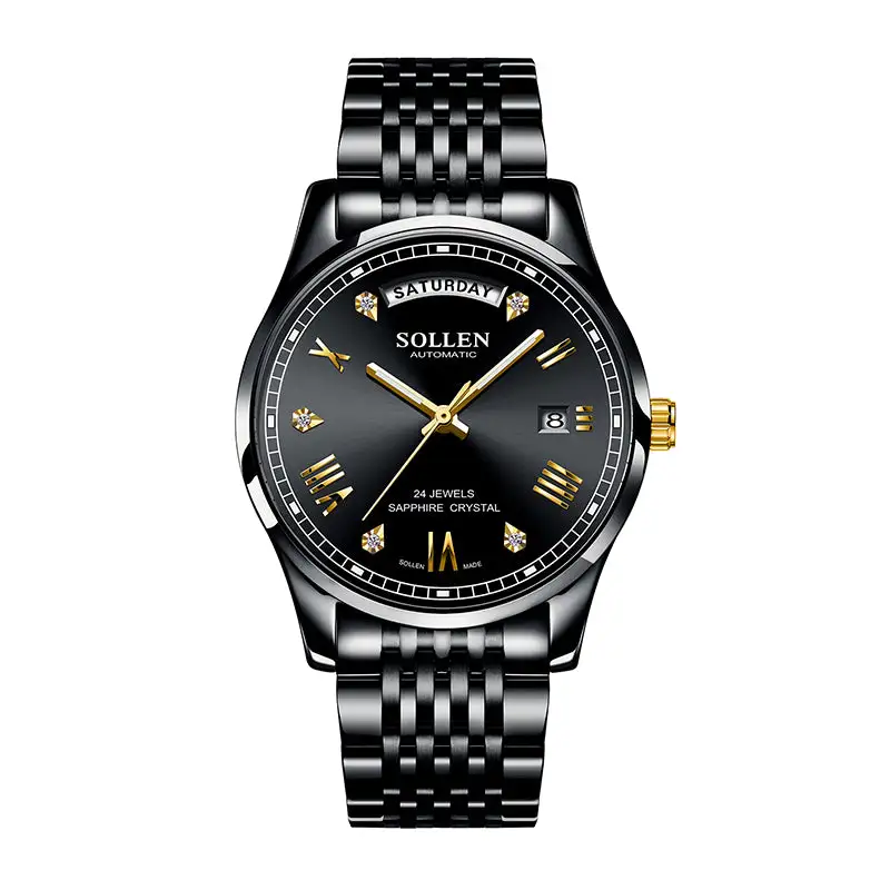 Sollen 9016 Automatic Watch - Men's Full Day Date Sunray Dial 9-Bead Stainless Steel Bracelet Wristwatch