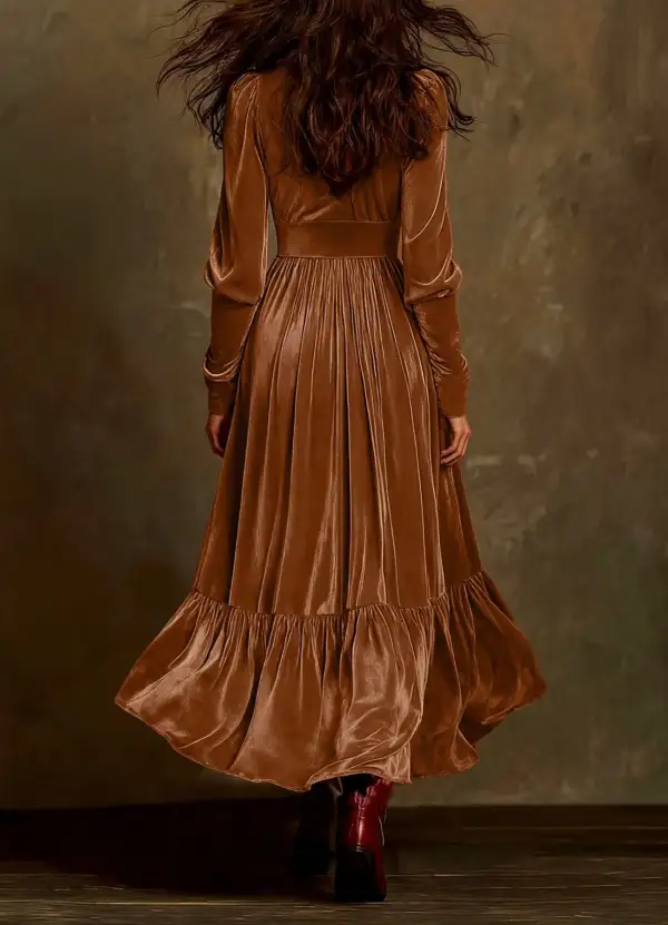 Velvet V Neck Ruffle Dress Casual