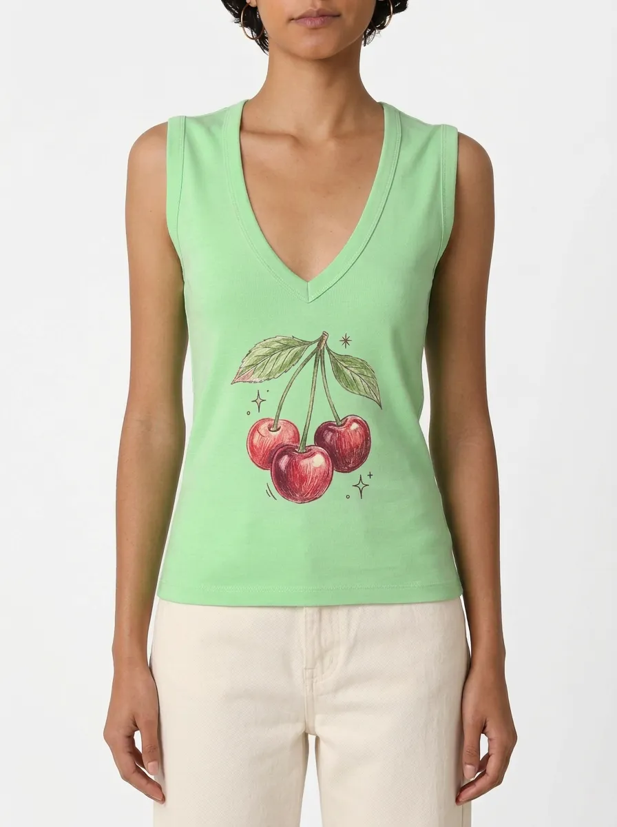 Women's Fruit Lover Cherry Sketch Printed Tank Top