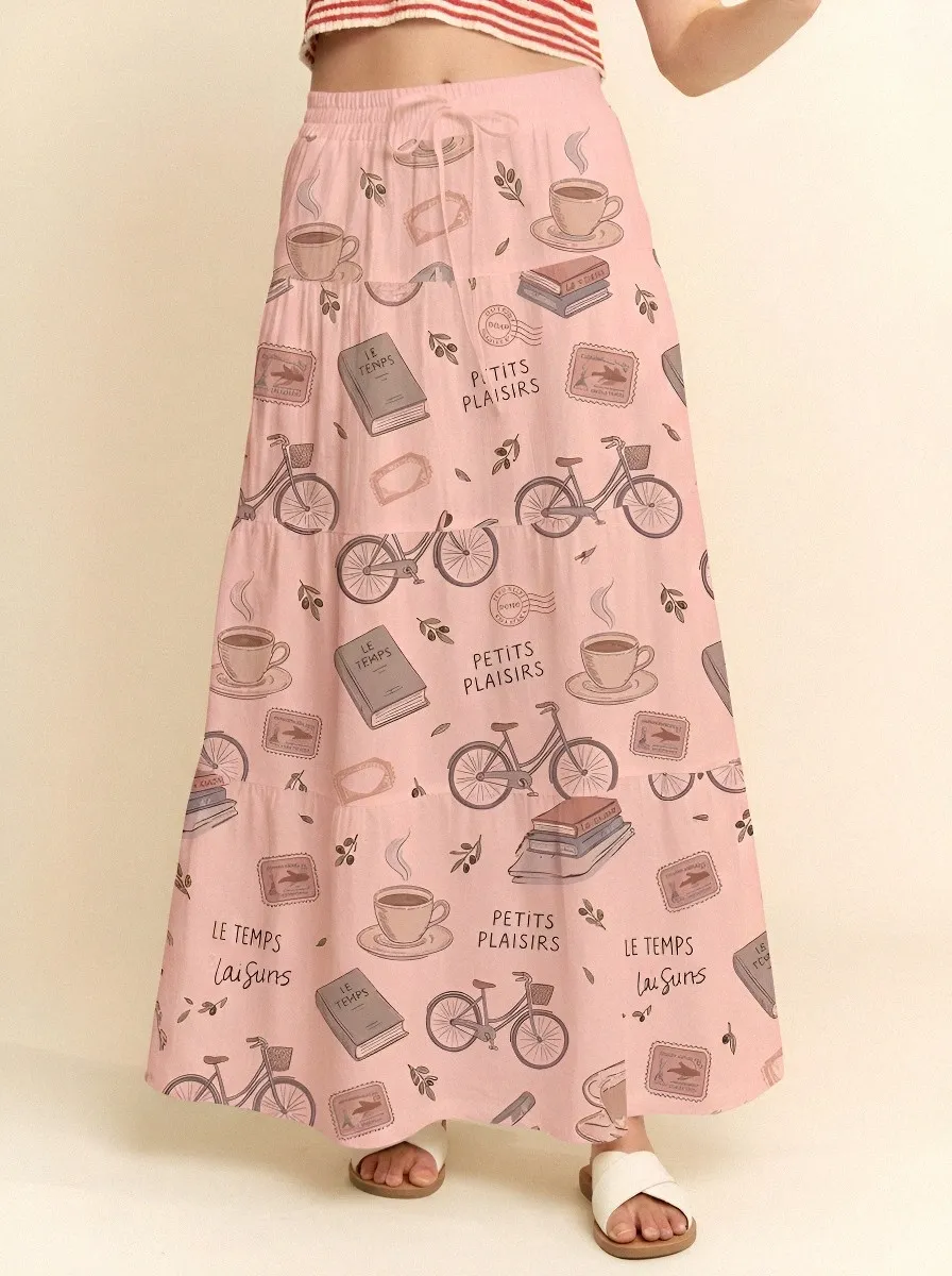 Women's Coffee Book Bicycle Aesthetic Printed Maxi Skirt