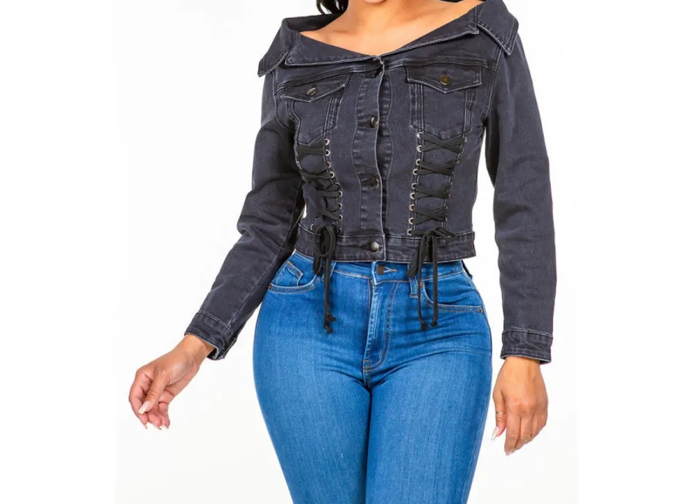 Off-Shoulder Lace-Up Denim Jacket