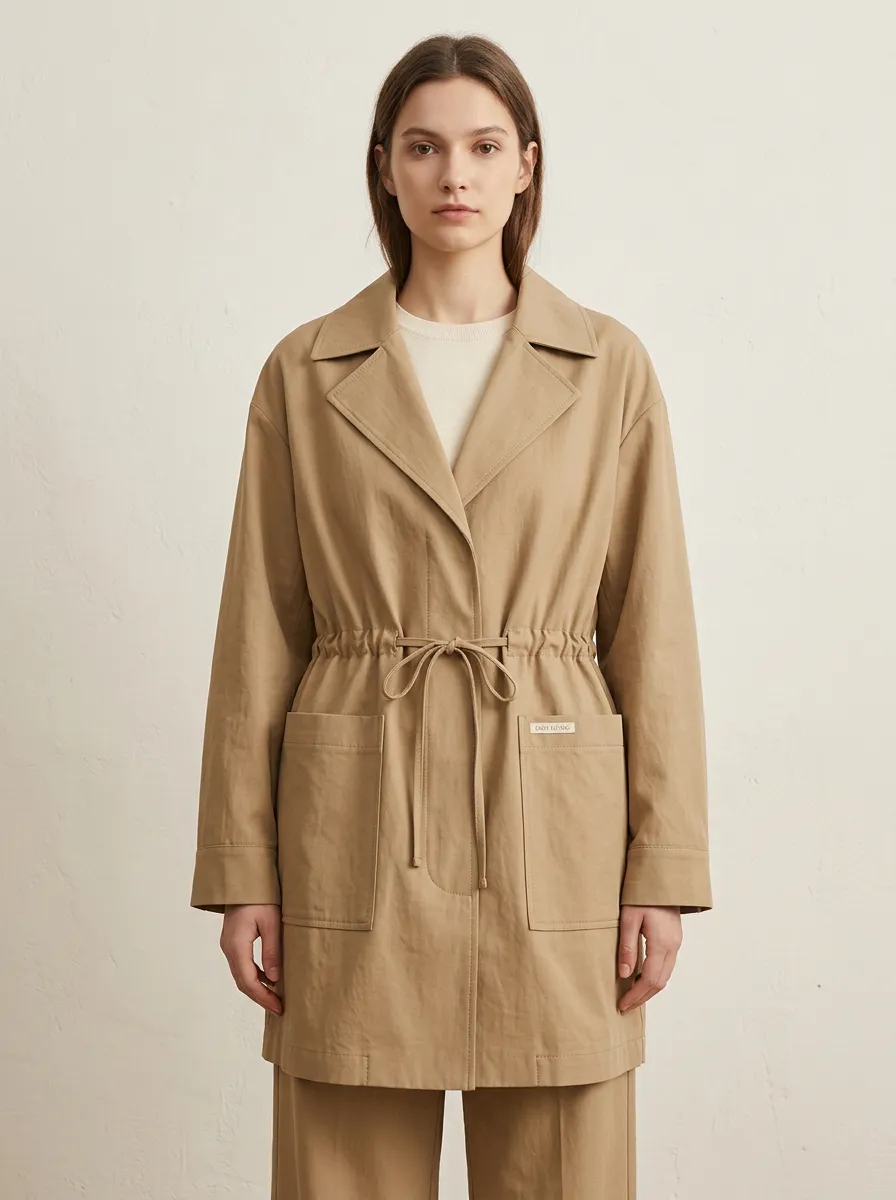 Front Pockets Drawstring Waist Trench Coat