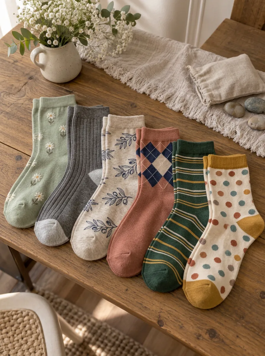 Women's Vintage Floral Argyle Striped Polka Dot Printed Socks Set