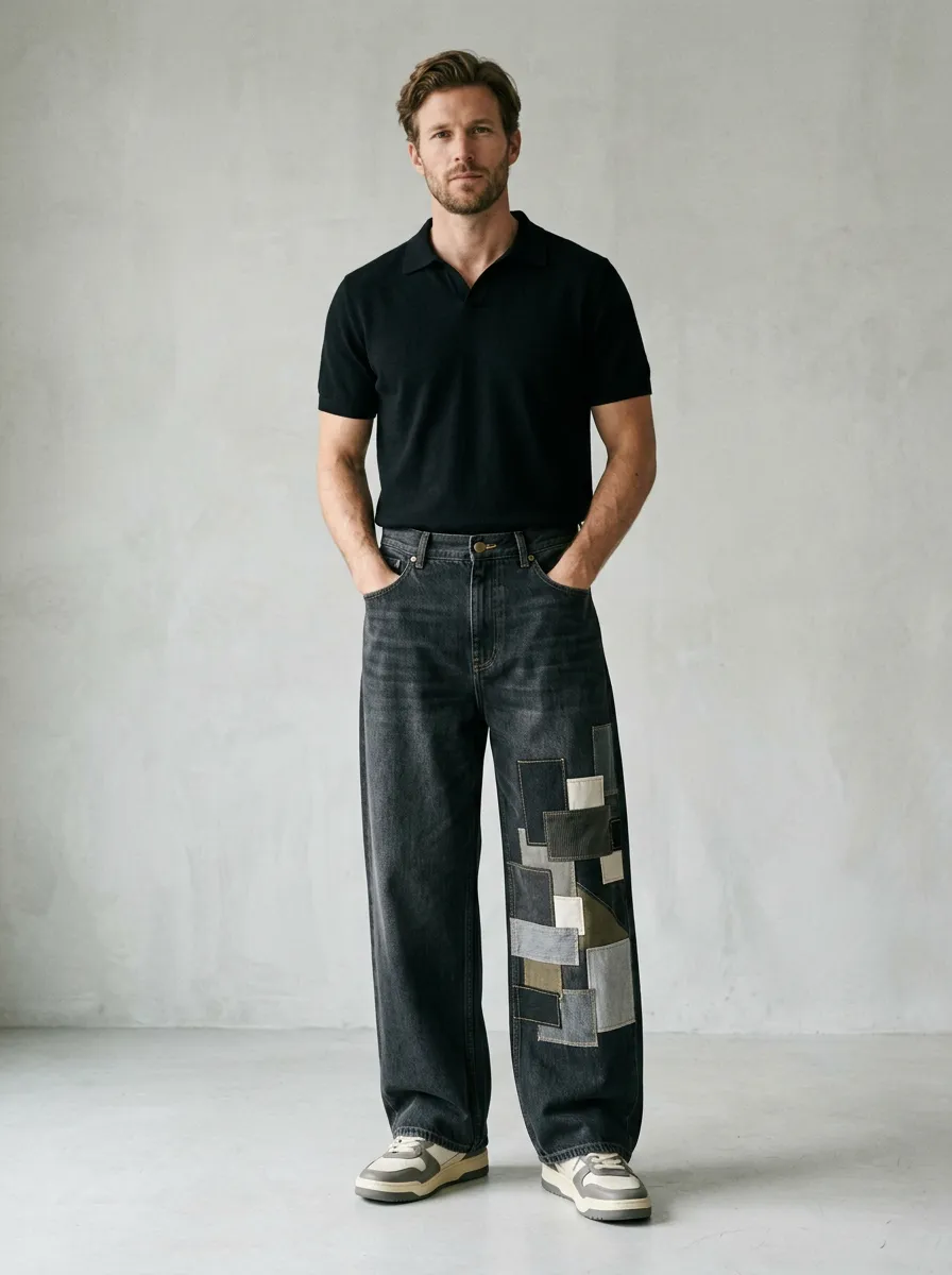 Men's Patchwork Geometric Printed Wide Leg Jeans