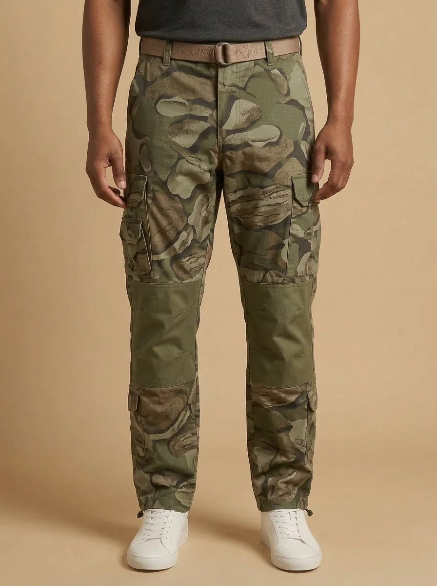 Men's Camo Drawcord Reinforced-Knee Cargo Pants