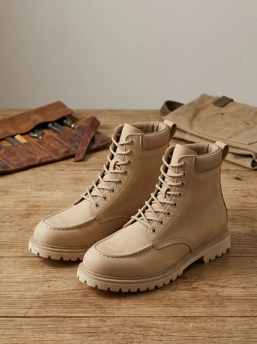 Unisex Casual Outdoor Beige Leather Lace-up Boots