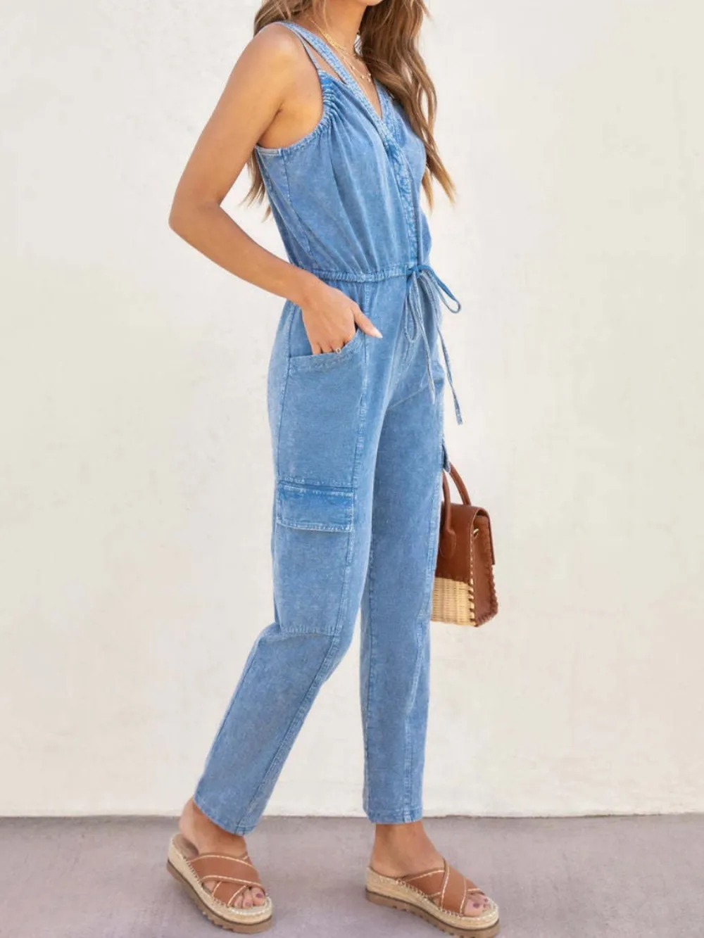 V Neck Sleeveless Jumpsuit Denim Pants