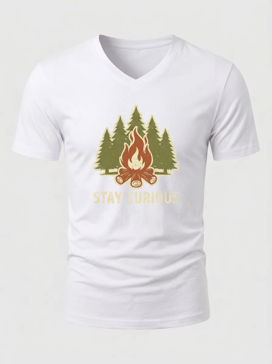 Men's Camping Lover Stay Curious Campfire Pine Tree Printed V-Neck T-Shirt