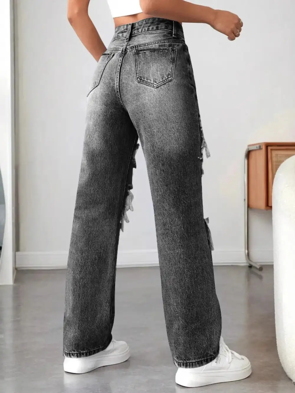 Relaxed High Waist Distressed Denim Jeans