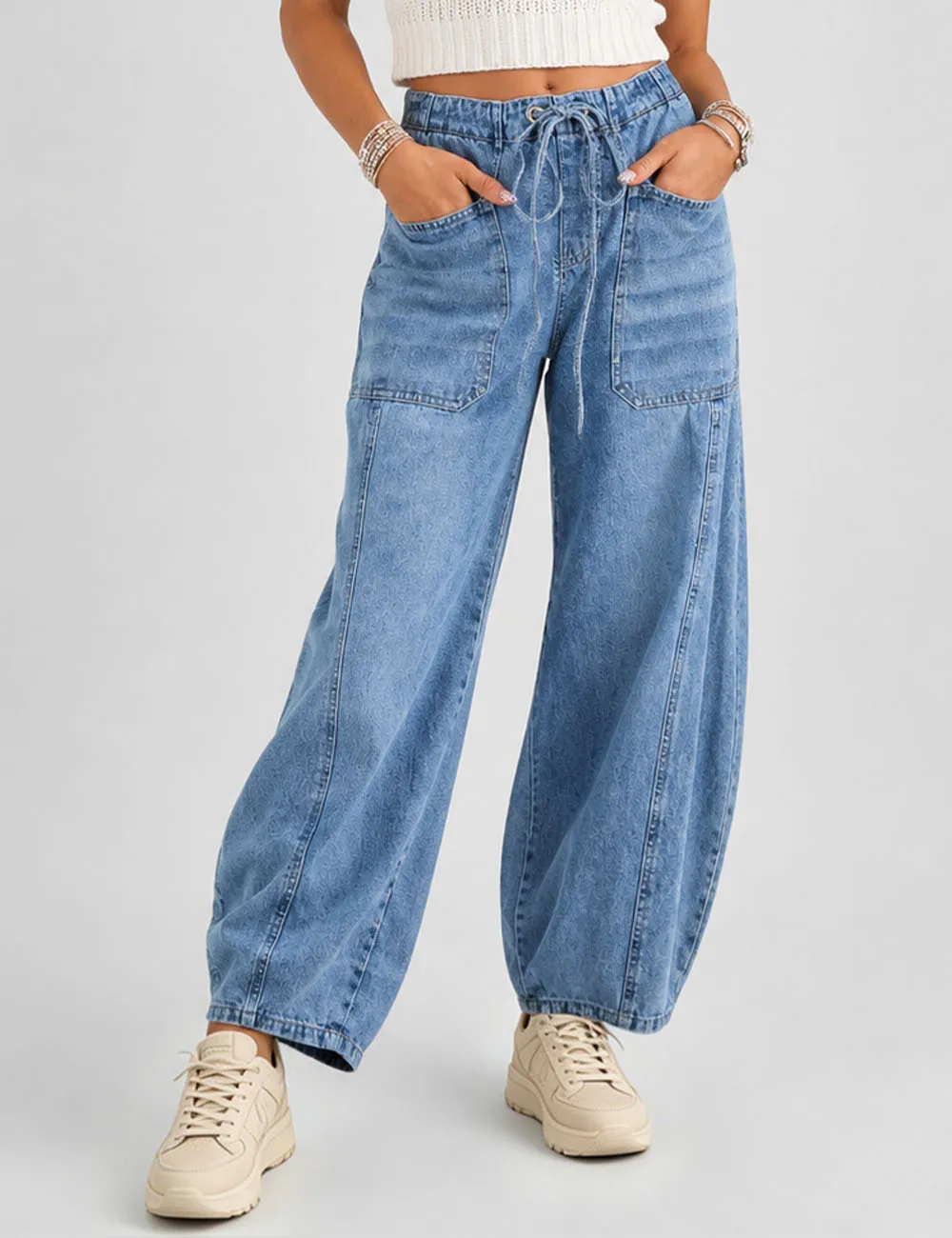 Elastic Waist String Pocket Denim Pants