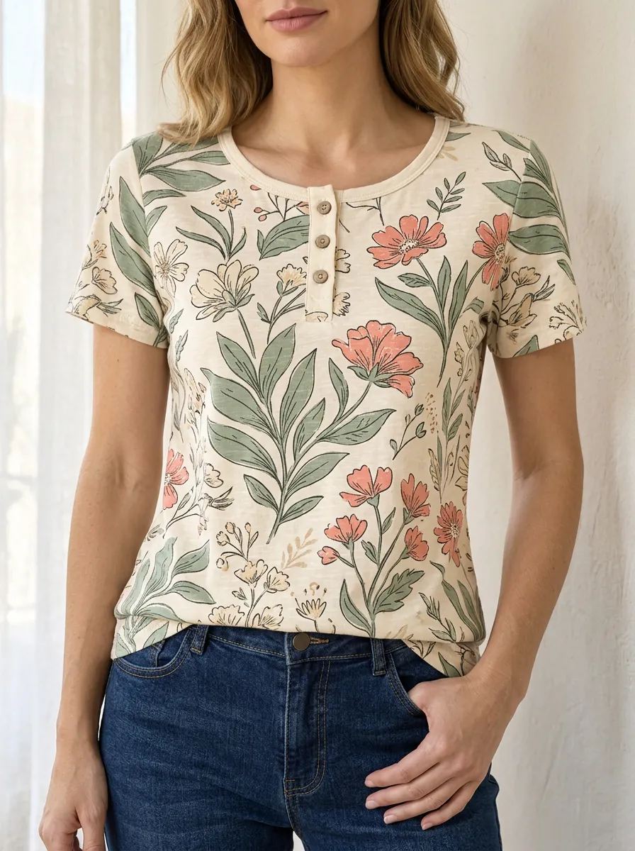 Women's Modern Floral Botanical Print Neck Henley T-Shirt