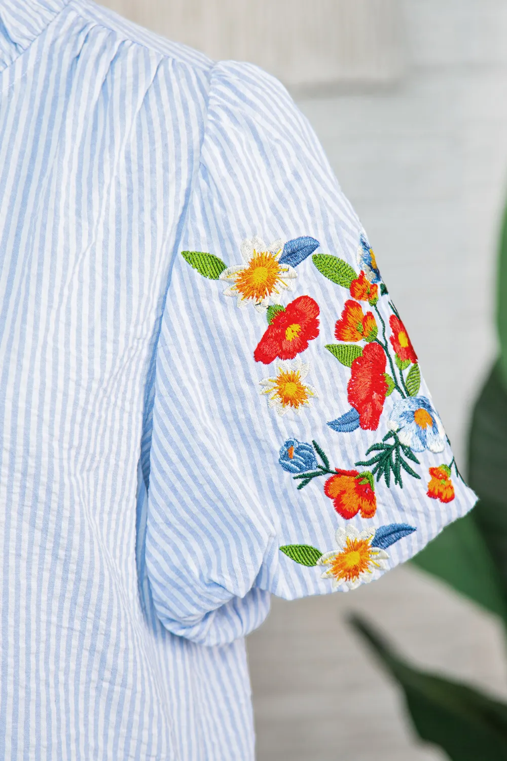 Sky Blue Stripe Floral Embroidered Shirt
