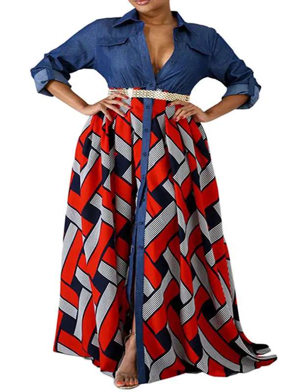 Sleeves Printed Buttoned Long Maxi Dress