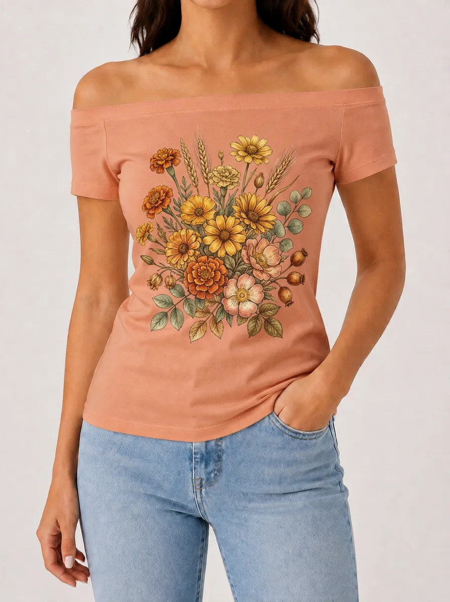 Women's Botanical Flower Bouquet Printed Off-Shoulder T-shirt