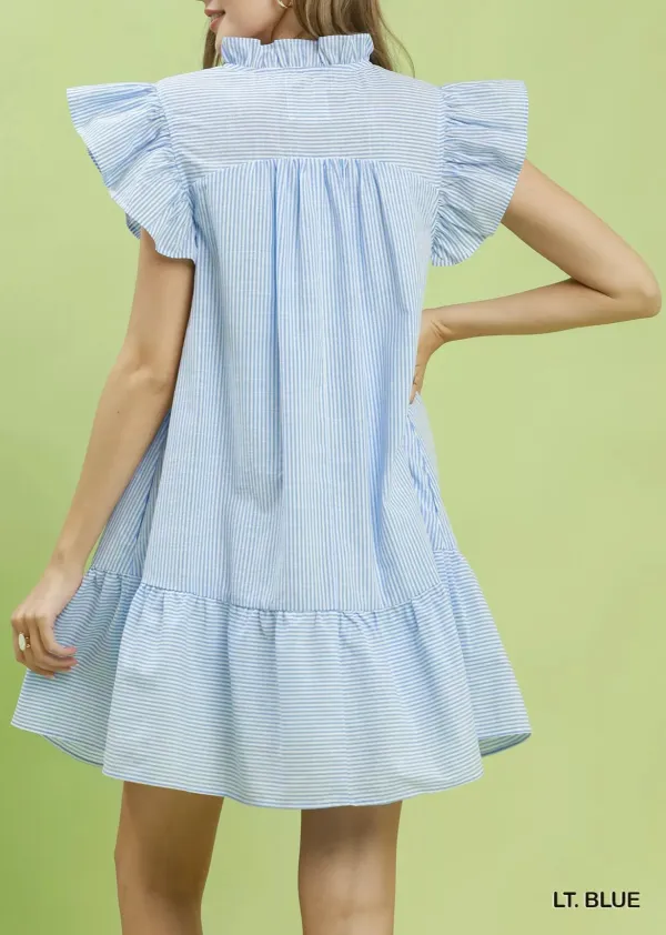 Striped V-Neck Ruffle Sleeve Tiered Dress