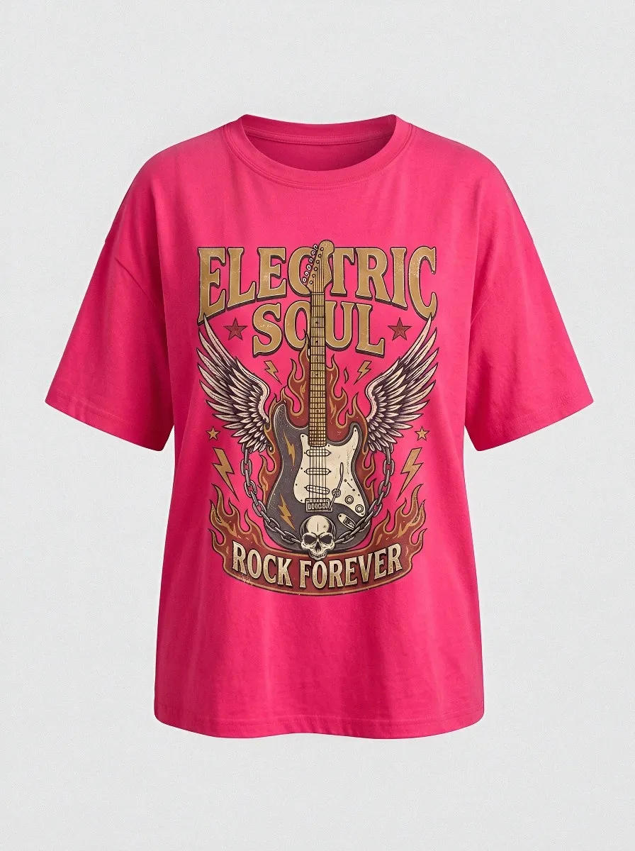 Unisex Rock Music Lover Electric Guitar Skull Wings Printed T-shirt