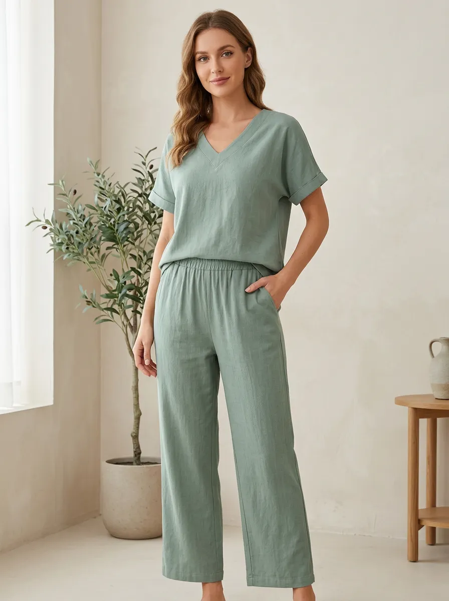 Minimal Minimalist Women's V-Neck Casual Lounge Set