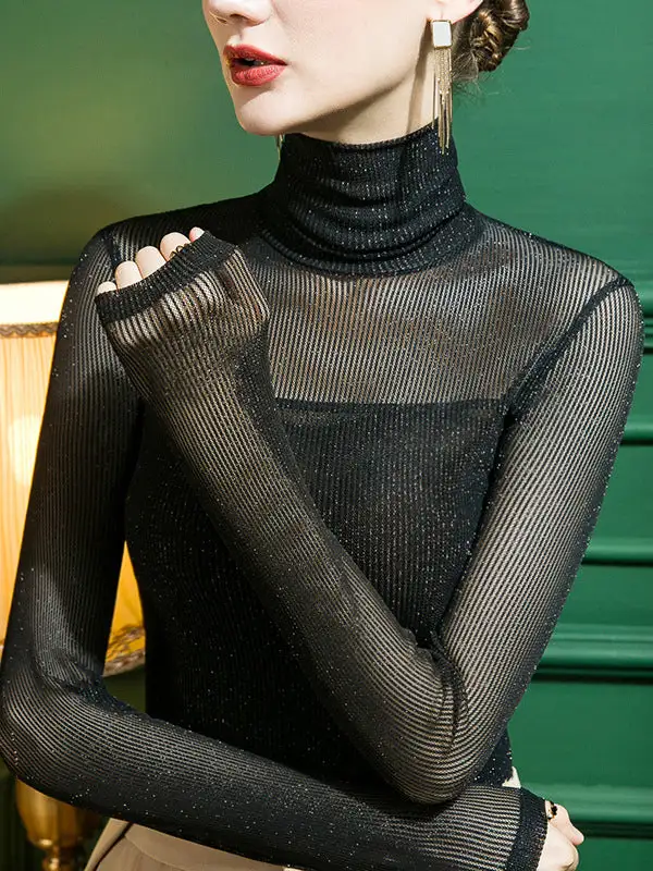 Long Sleeve Curve Fit Sheer Sequined Panel Detail High Neck T-Shirt