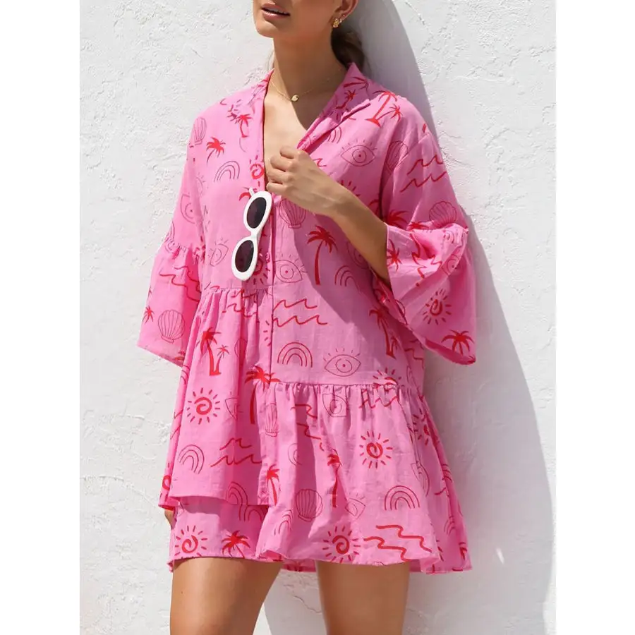 Button Detail Ruffled Hem Mini Dress