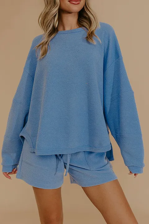 Weekend Wind-Down Waffle Knit Long Sleeve Tee In Light Blue
