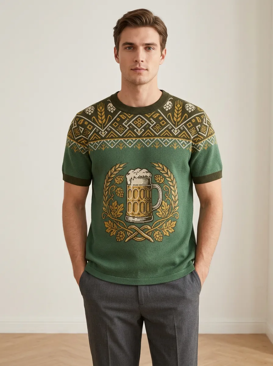 Men's Oktoberfest Beer Lover Beer Mug Hop Pattern Printed Knit T-shirt