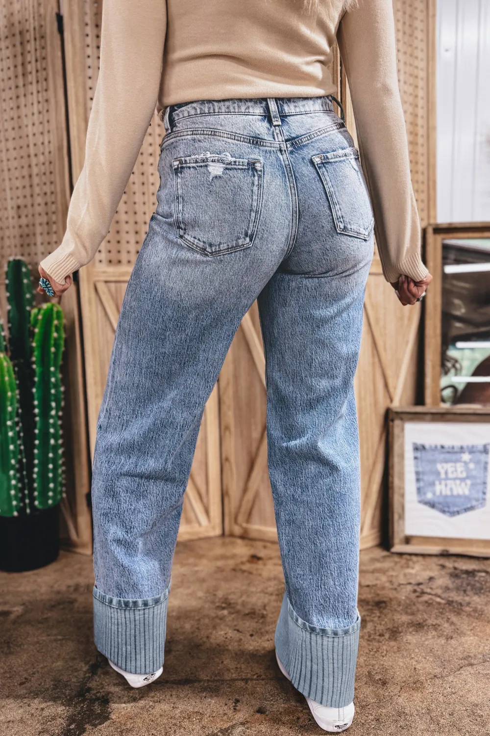 Washed Blue Cuffed Straight Jeans