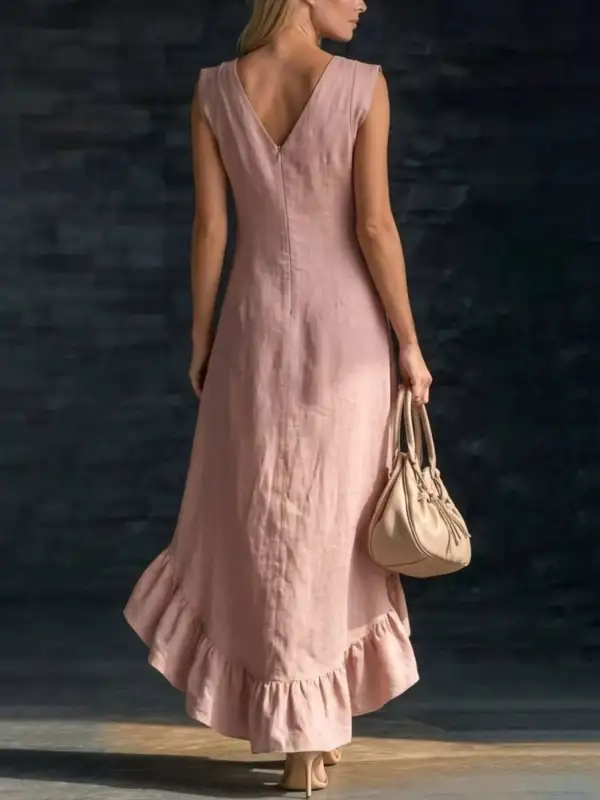 V-Neck Ruffle Hem High-Low Dress