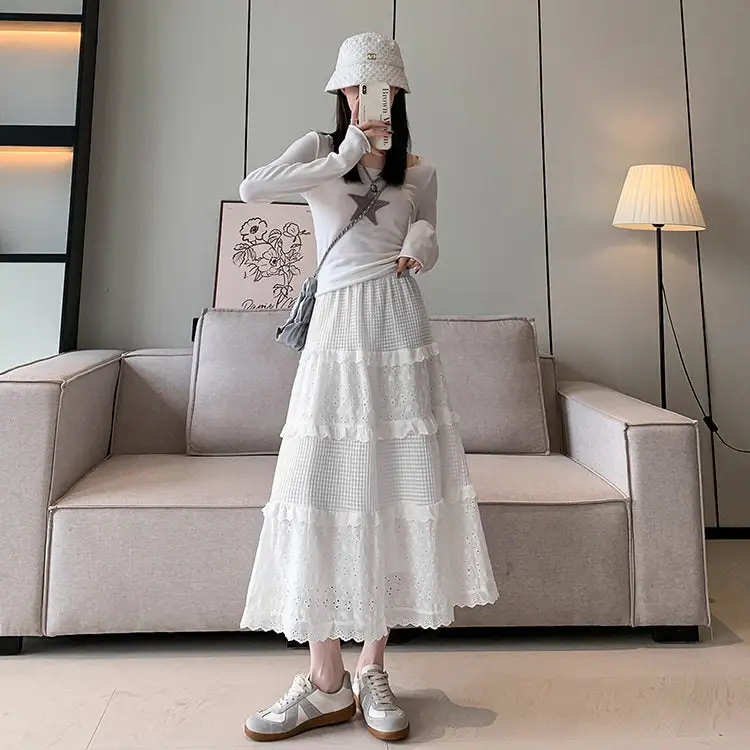Streamlined Lace Pleated High Waist A-Line Midi Skirt