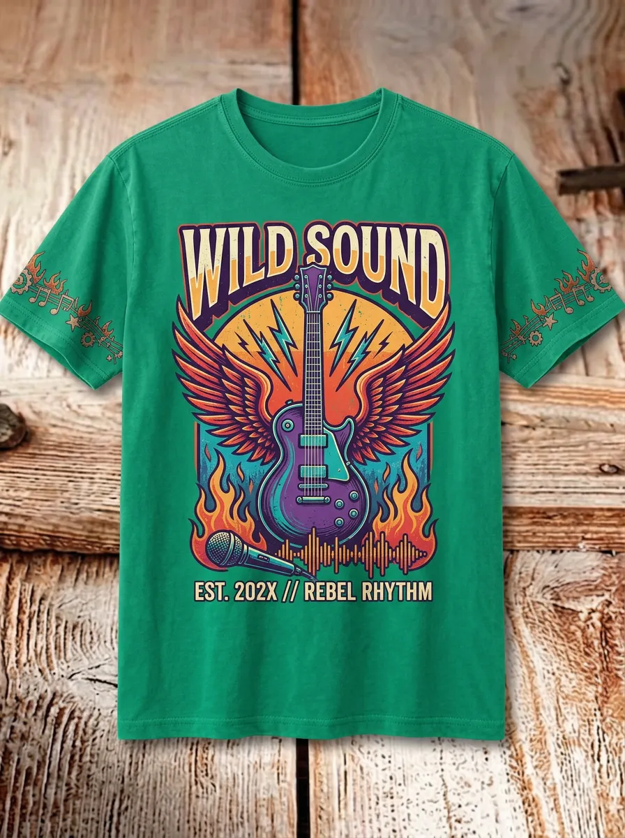 Unisex Rock Music Lover Winged Guitar Flame Printed T-shirt