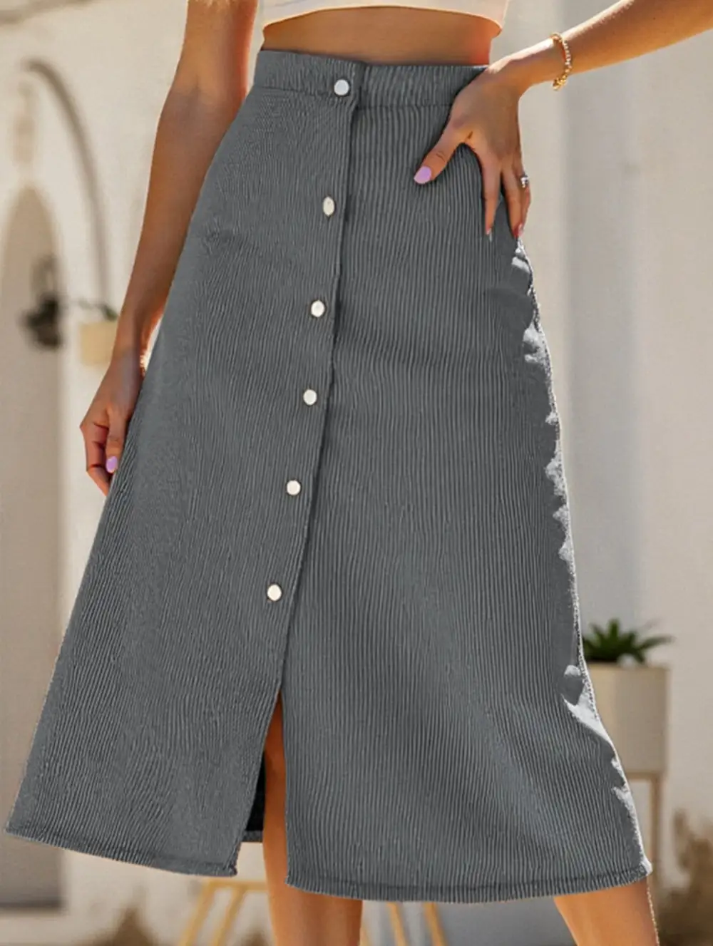 Corduroy Button Front Midi Skirt