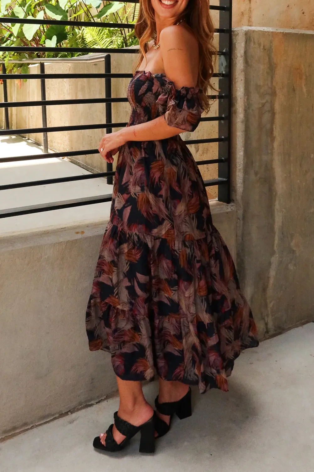 Tiered Print Off Shoulder Midi Dress