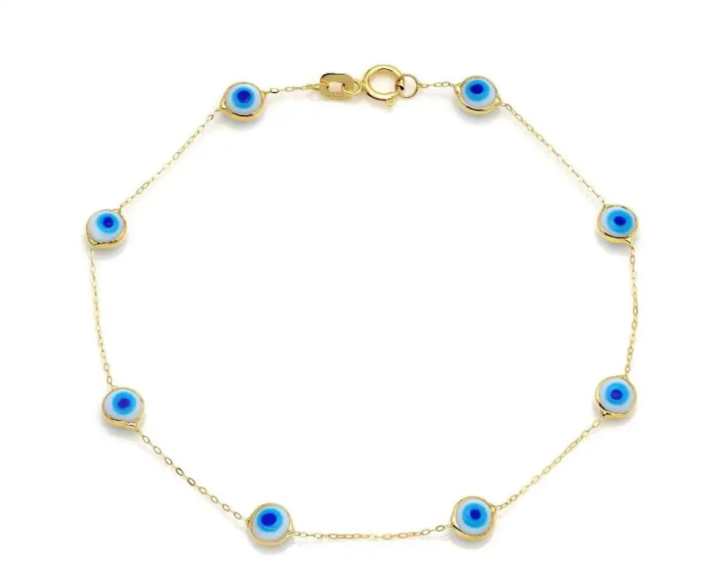 Solid Gold Beaded Station Evil Eye Station Bracelet