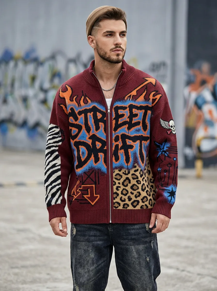 Men's Street Drift Graffiti Leopard Zebra Printed Zip-up Cardigan