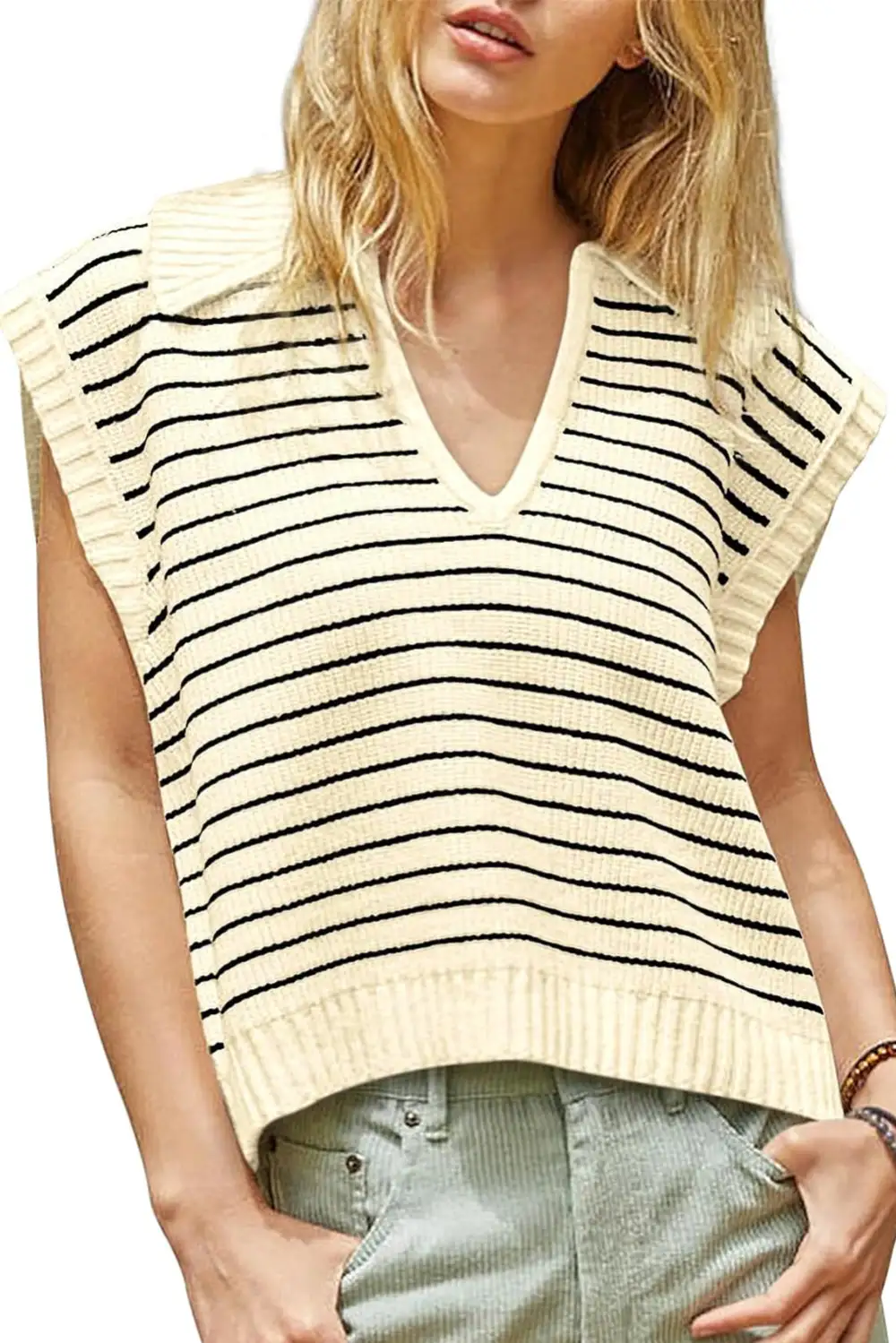 Stripe Turn-Down V-Neck Viscose Blend Knit Tank Top