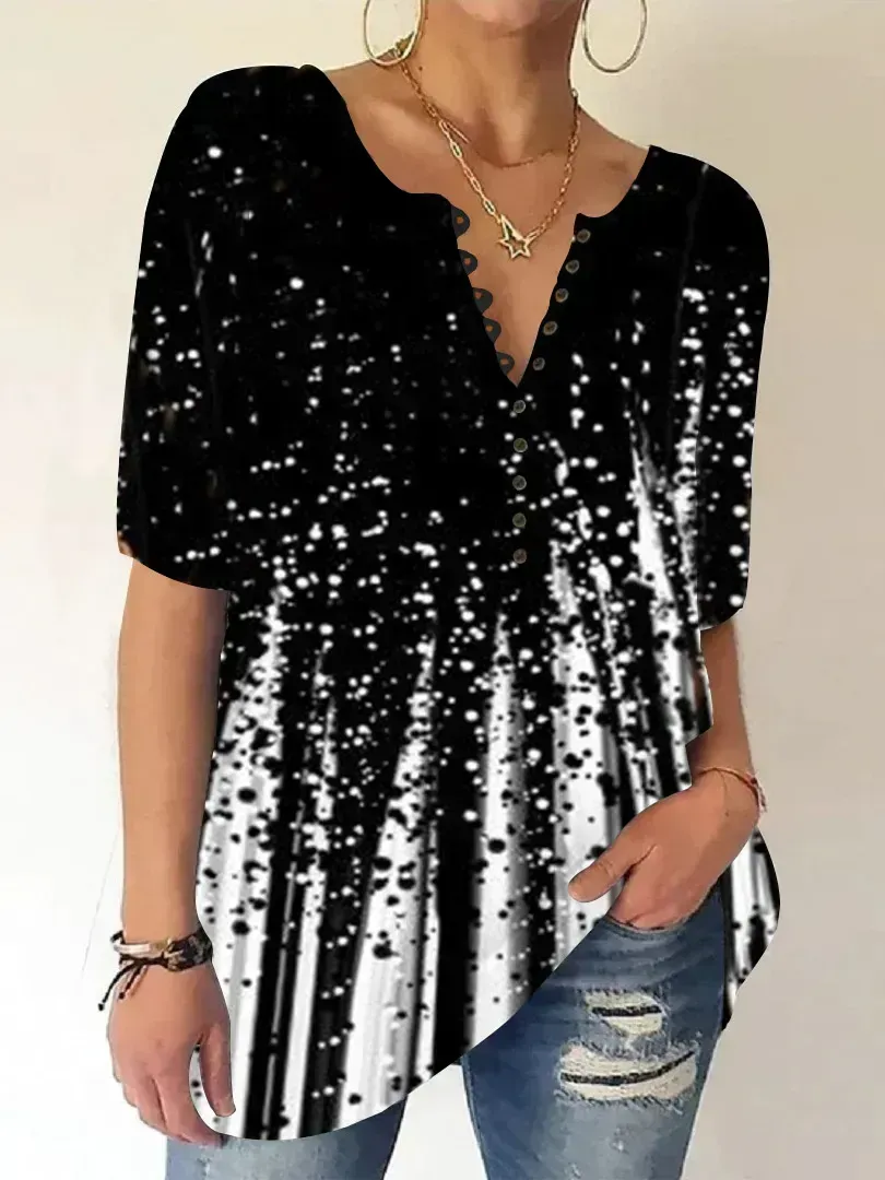 Women Half Sleeve V-neck Gradient Striped Printed Tops