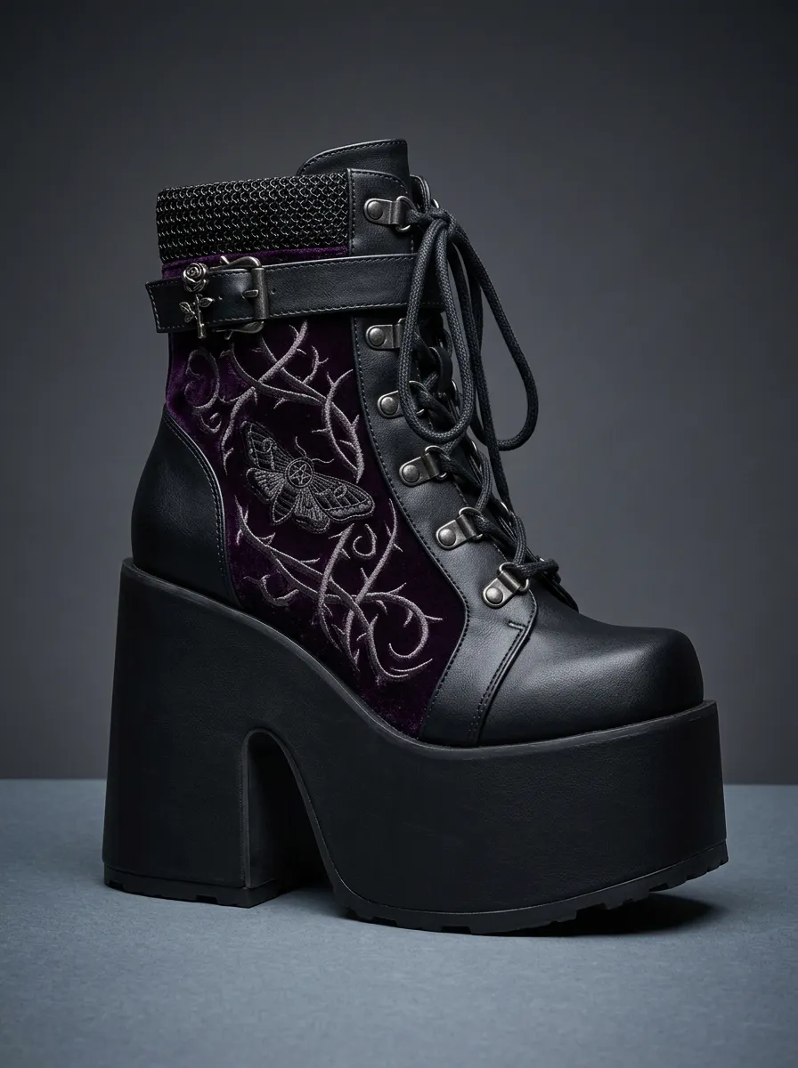 Mystic Thorn Velvet Embroidered Punk Look Women's Gothic Platform Boots