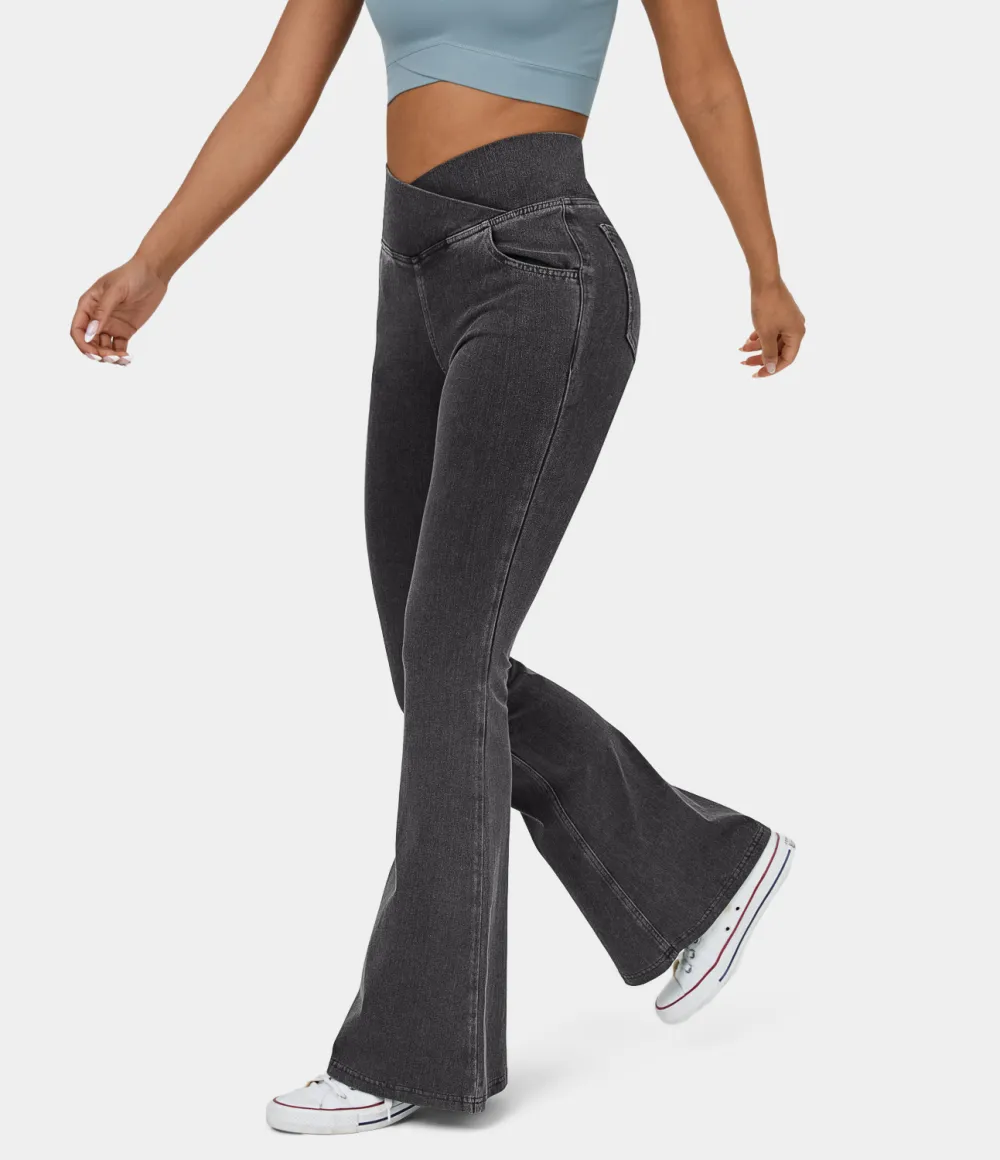 Magic High Waisted Crossover Pocket Cool Touch Washed Stretchy Knit Casual Super Flare Jeans