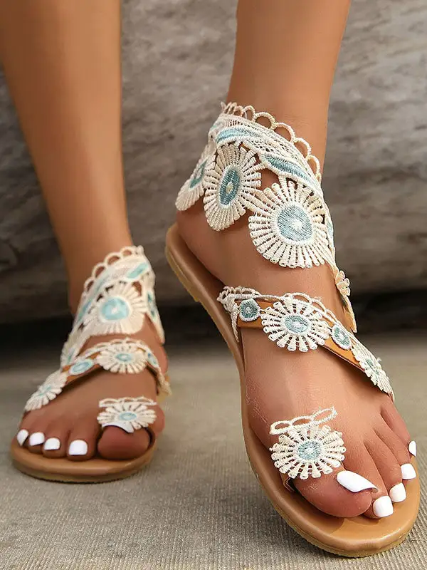 Embroidered Open-Toe Panel Detail PU Flat Sandals