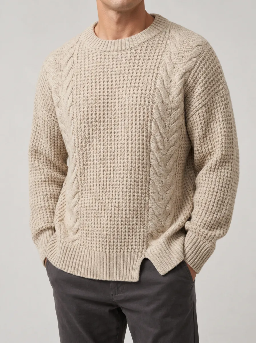 Subtle-Texture Cable-Knit Crewneck Sweater