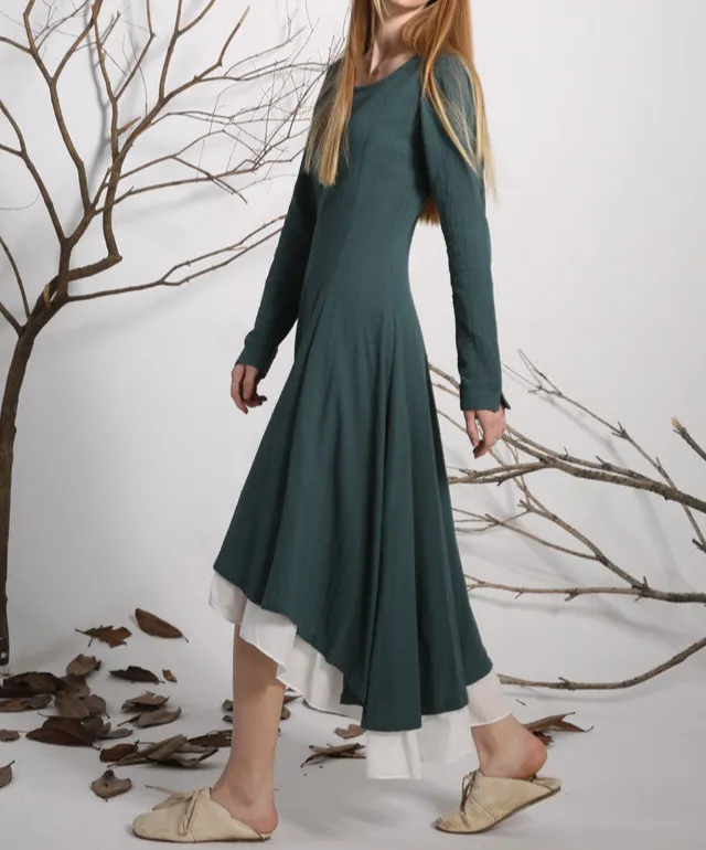 Versatile Linen Cotton Pleated Long Sleeve Maxi Dress