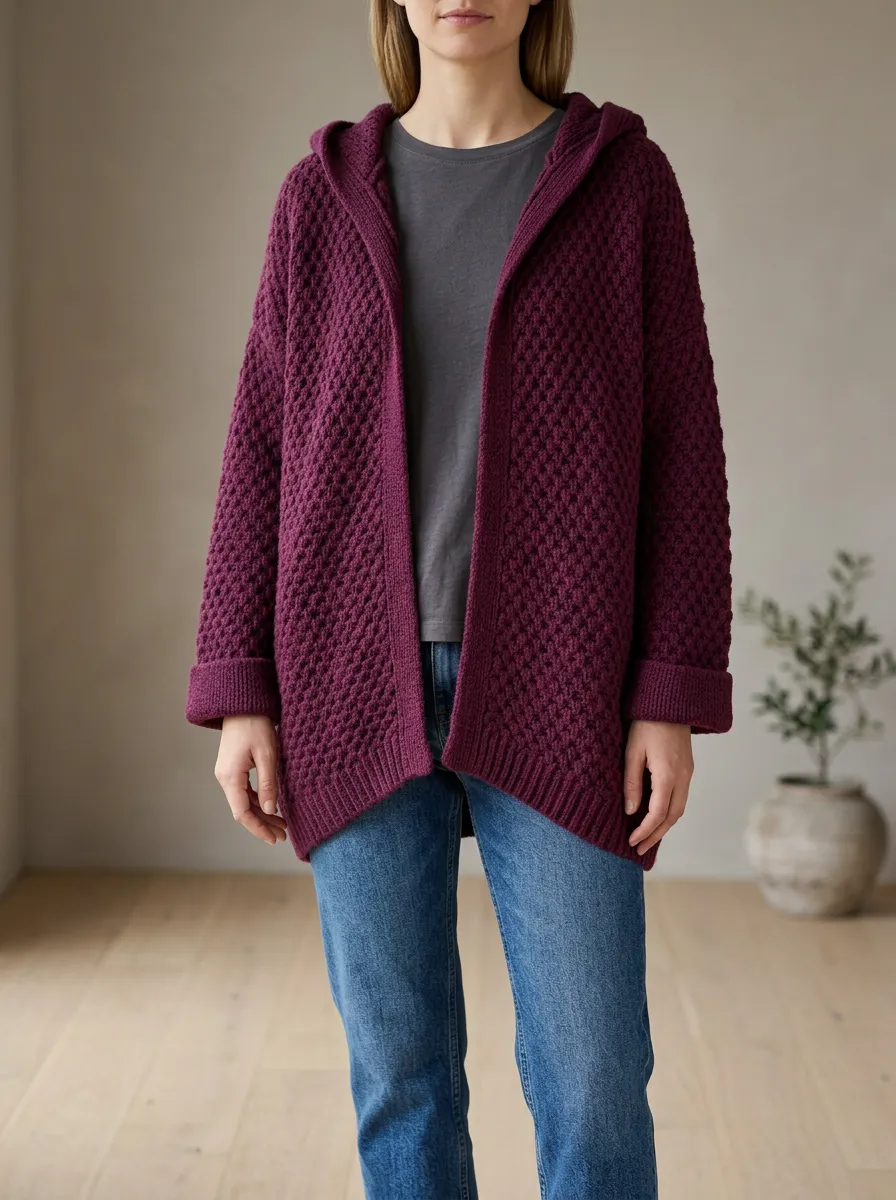 Women's Charcoal Honeycomb-Knit Open-Front Hooded Cardigan