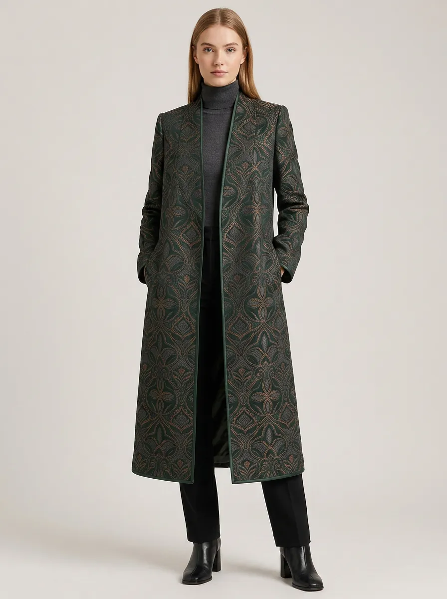 Women's Vintage Style Green Damask Pattern Printed Long Coat