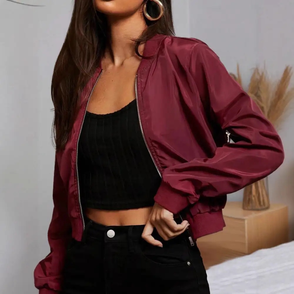 Cropped Satin Utility Pocket Elastic Hem Bomber Jacket