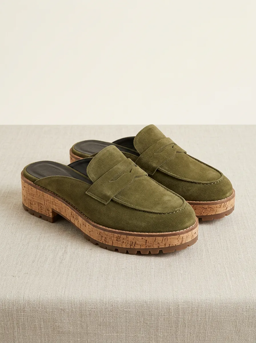 Women's Platform Clog Style Suede Wood Sole Loafers