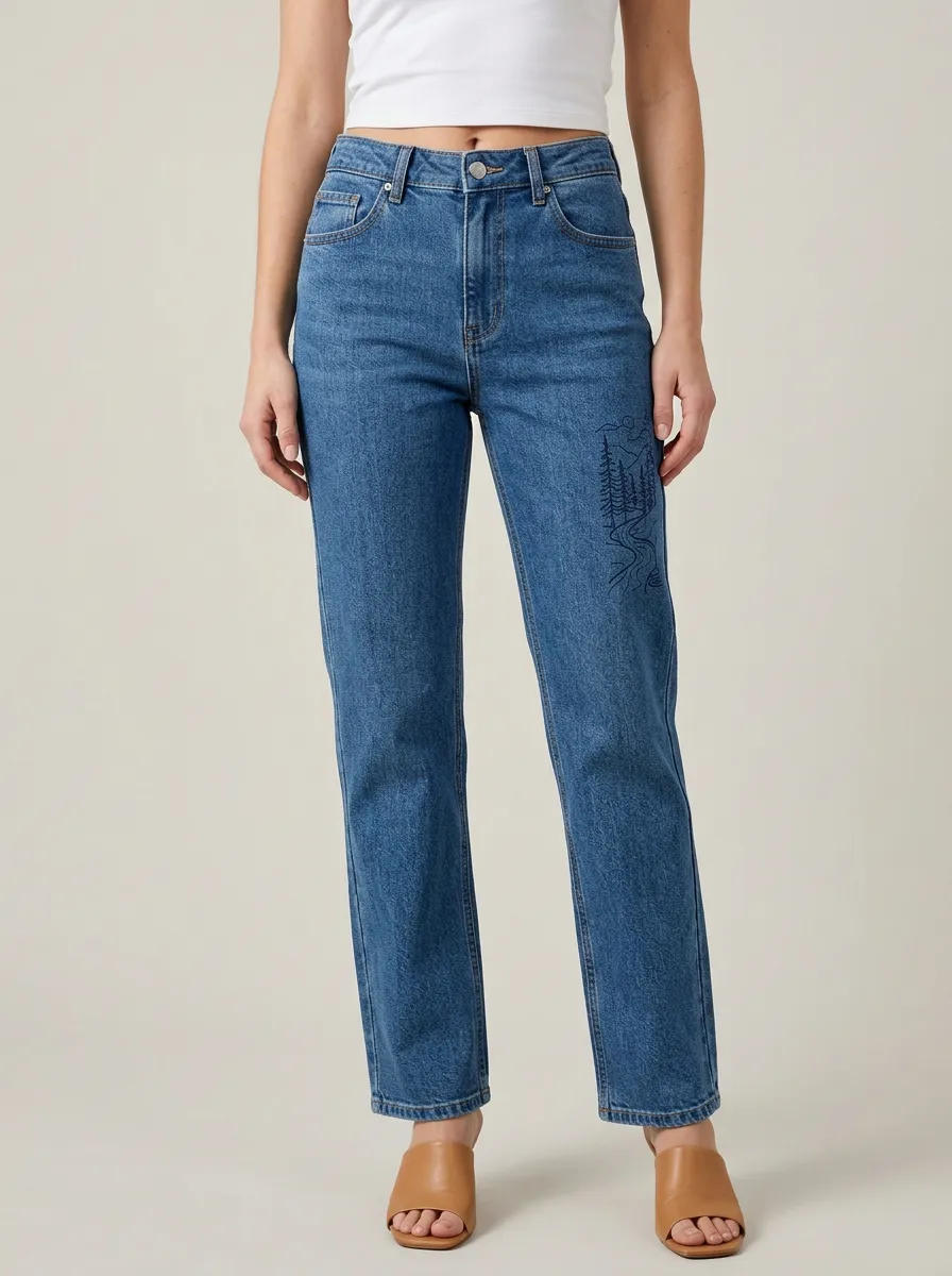 Women's Pine Forest Mountain Embroidered Coin-Pocket High-Rise Straight-Leg Jeans