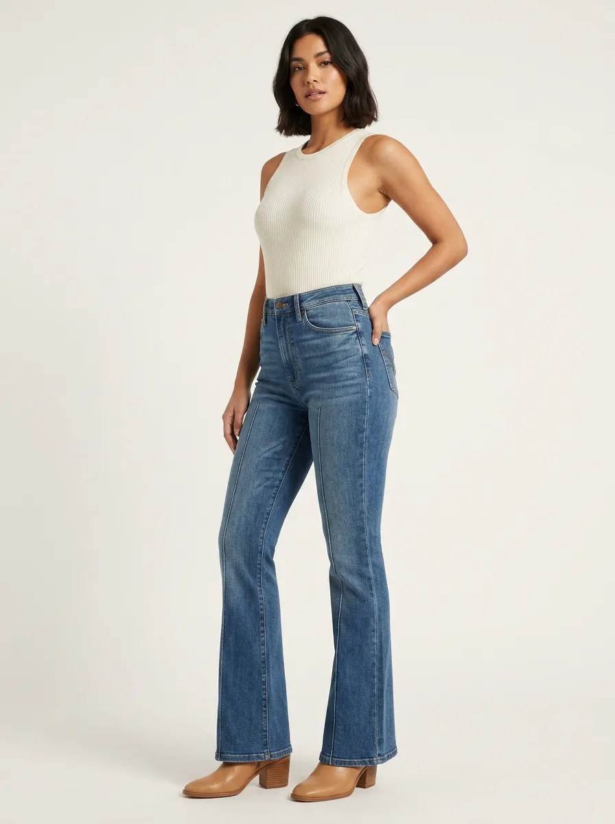 Stretch Vintage-Wash Seamed Women's High-Waist Stretch Flare Jeans